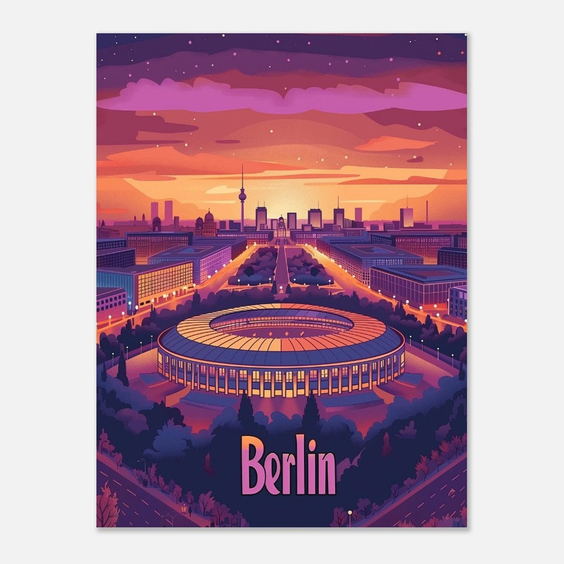 Berlin Olympic Stadium Glowing Sunset Skyline Vintage Travel Poster - Image 2
