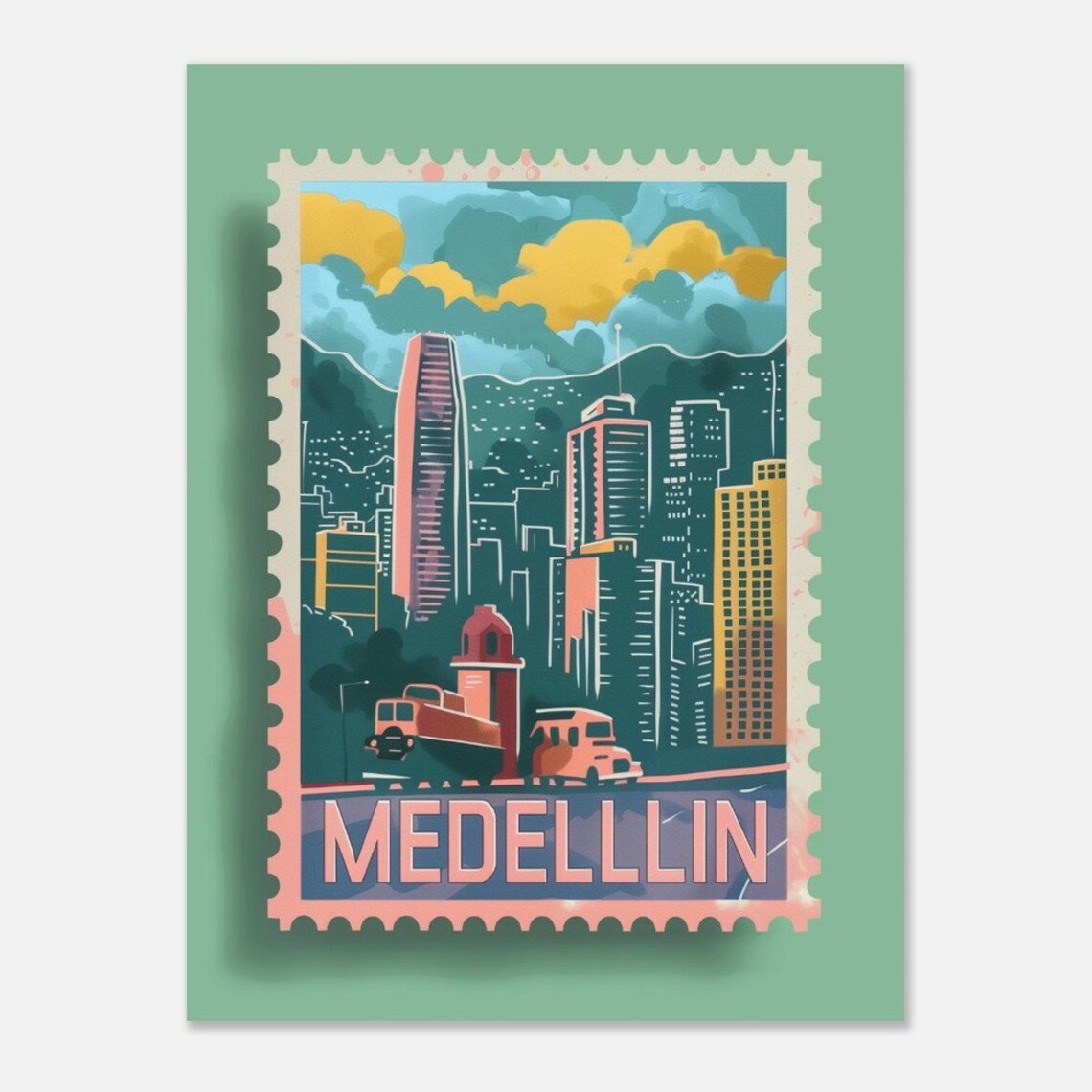 Medellin Colombia Cable Car Skyline Vintage Stamp Art Travel Poster - Image 2
