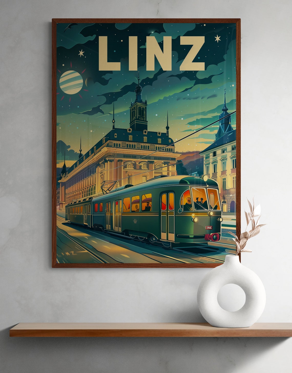 Linz Night Tram and Historic Town Hall Under Stars Vintage Poster