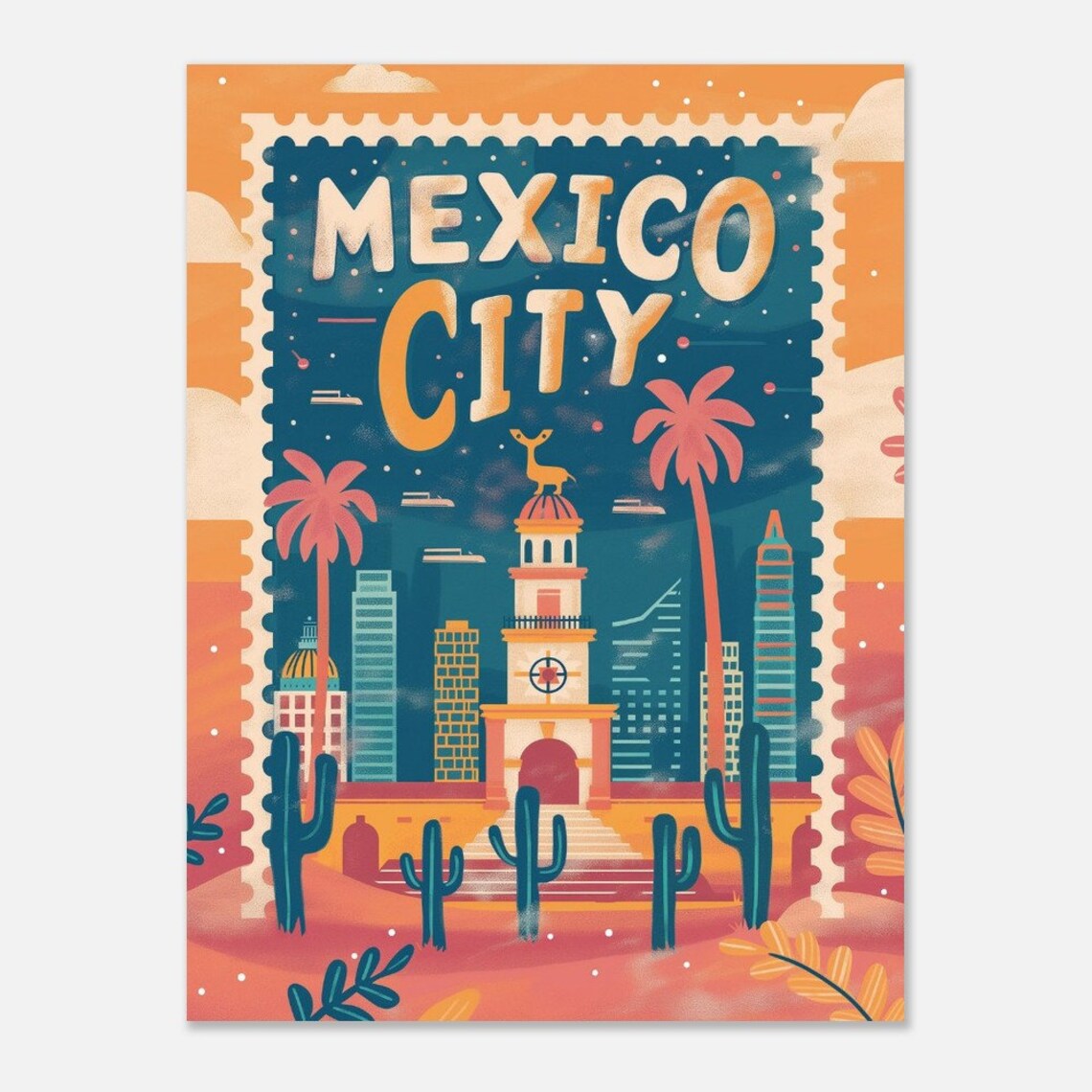 Mexico City Starry Night Skyline Vintage Travel Stamp Poster - Image 2