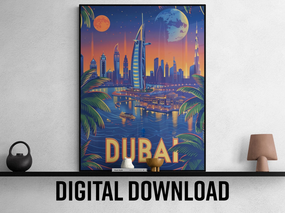 Dubai Dazzling Night Skyline Burj Al Arab Moonlit Travel Poster