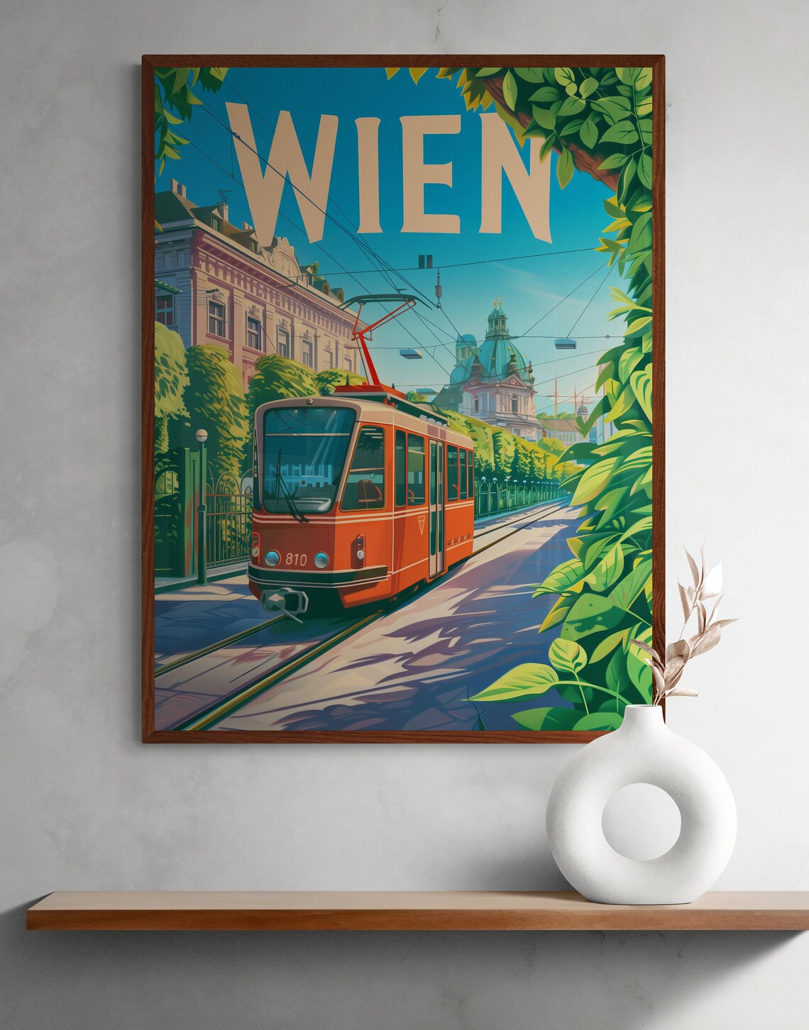 Wien Red Tram on Leafy Boulevard with Dome Vintage Travel Poster - Image 2