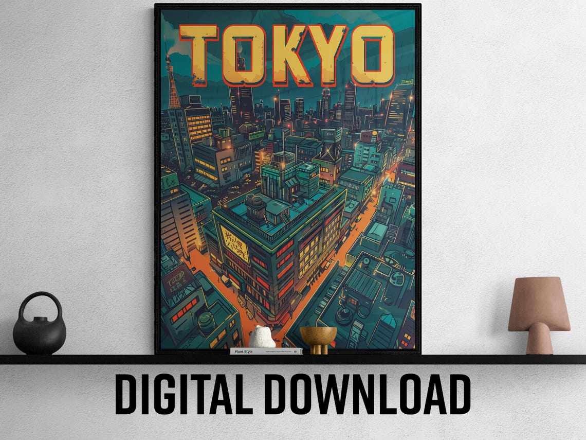Tokyo Neon Night Cityscape Vintage Travel Poster Japan Evening Lights