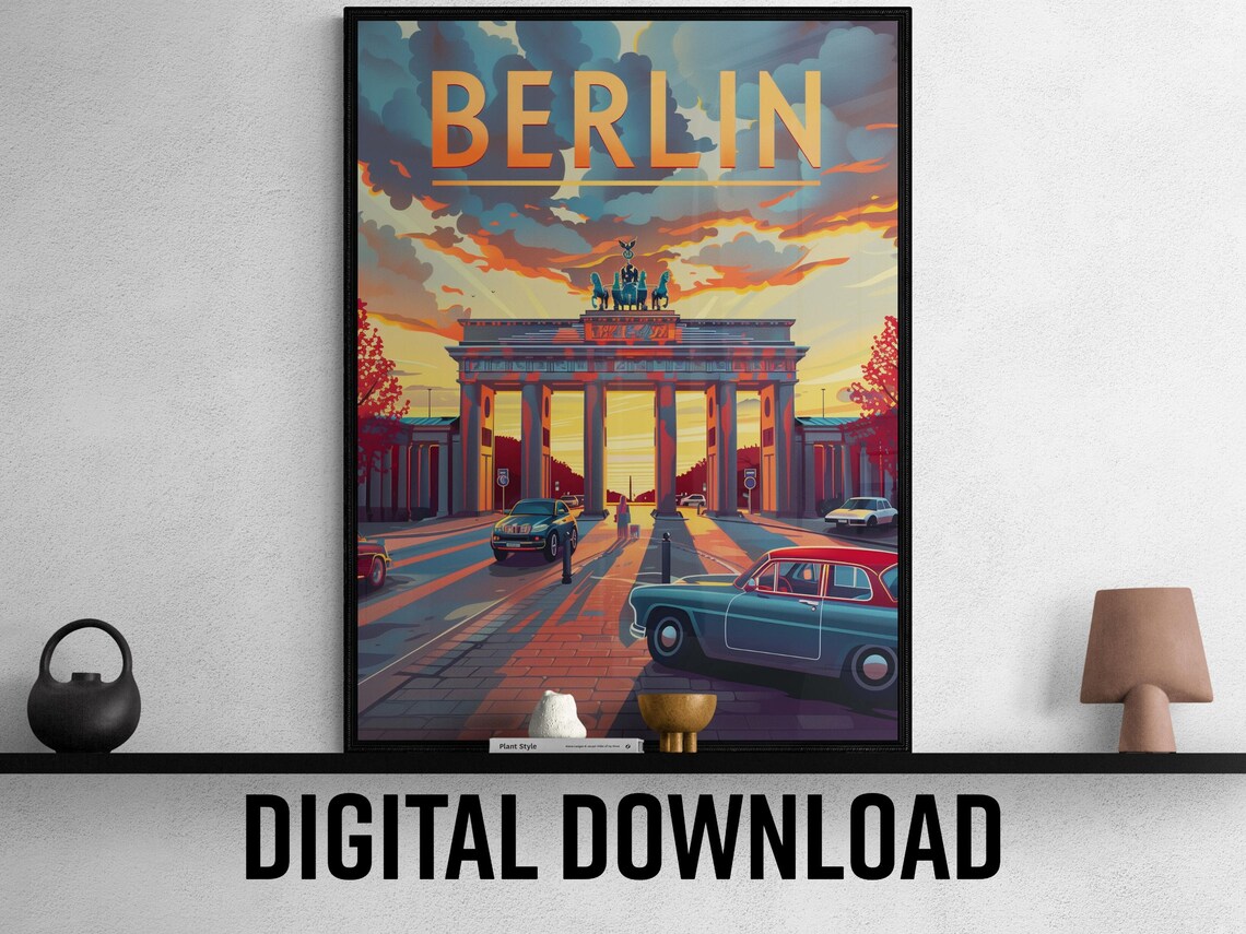 Berlin Brandenburg Gate Sunset Vintage Cars Retro Travel Poster
