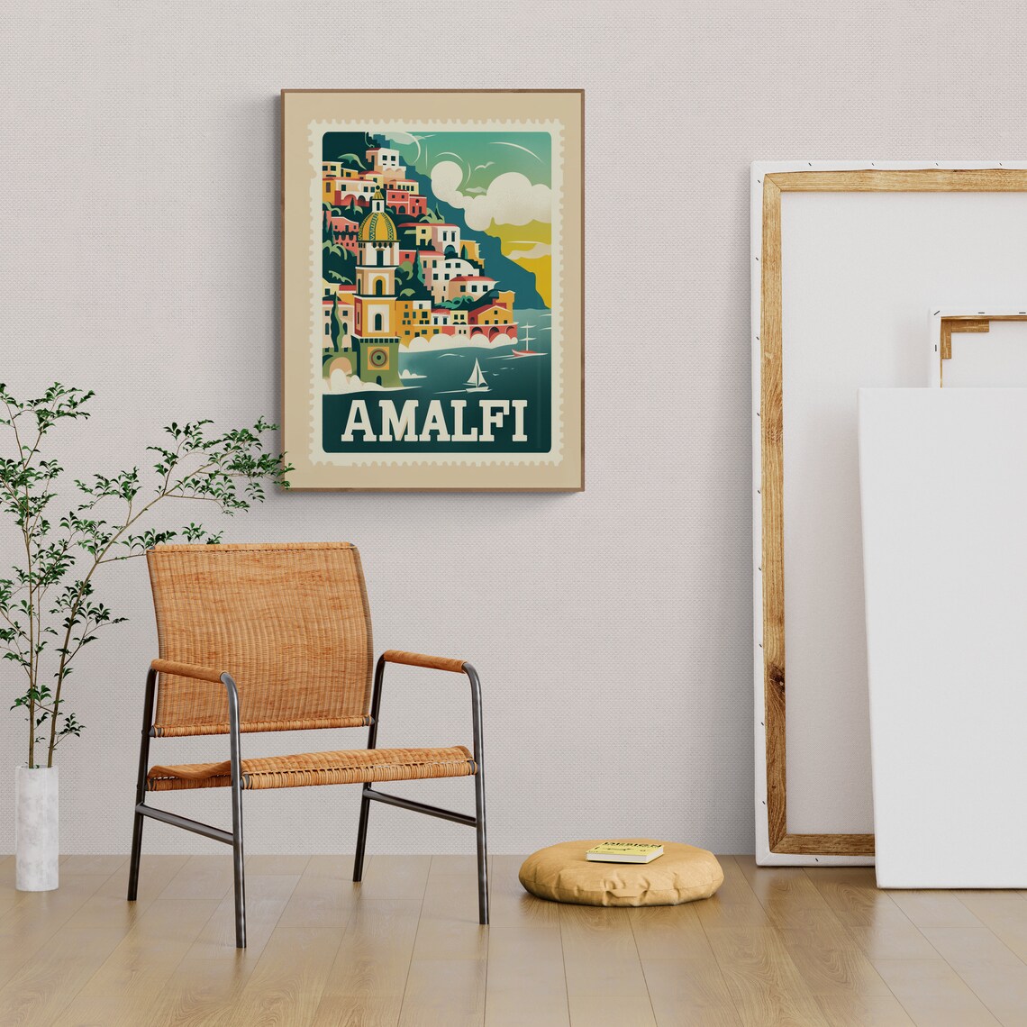 Amalfi Coast Cliffside Village Sailboat Vintage Stamp Travel Poster - Image 3