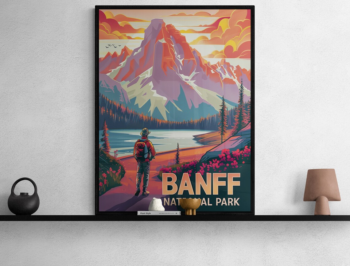Banff National Park Hiker Mountain Lake Sunset Trail Travel Poster - Image 2