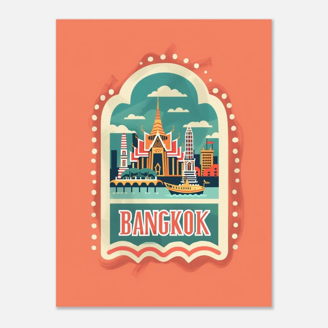 Bangkok Thailand Temple River Boat Vintage Arch Travel Poster - Image 2