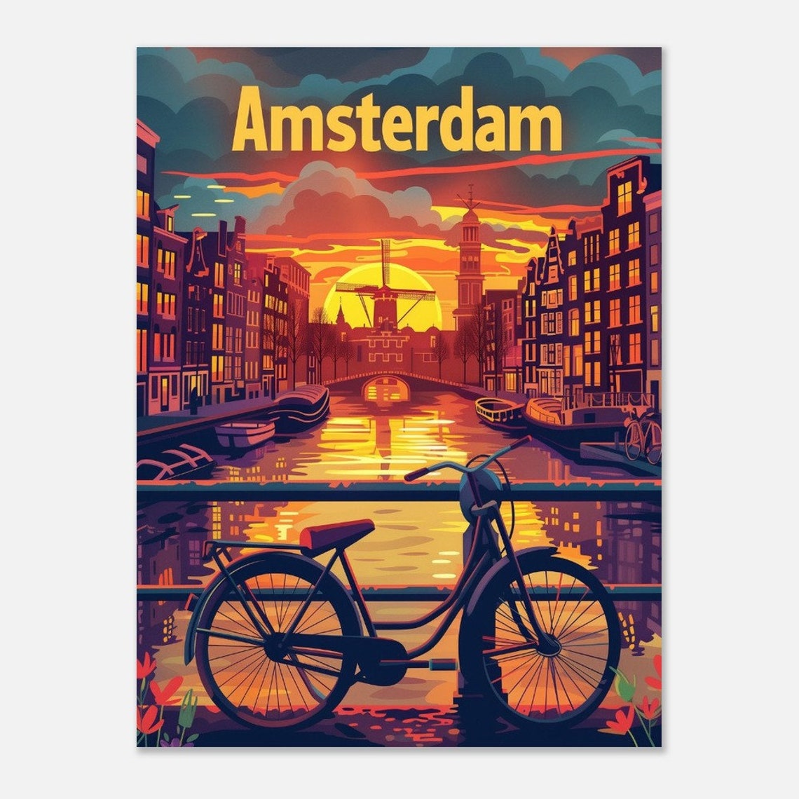 Amsterdam Bicycle Bridge Canal Sunset Windmill Vintage Travel Poster - Image 2