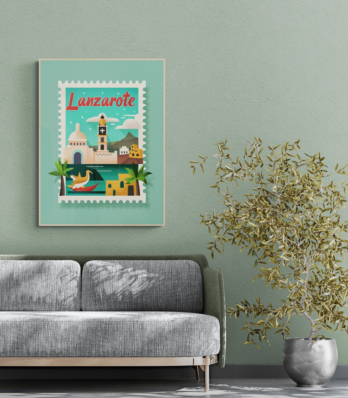 Lanzarote White Church Volcanic Hills Stamp Style Travel Poster - Image 4