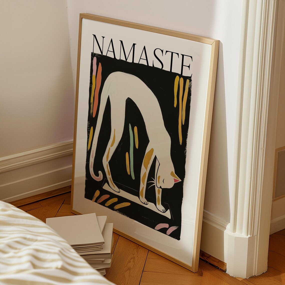 Namaste Stretching White Cat Yoga Pose Matisse Style Colorful Art Poster - Image 3