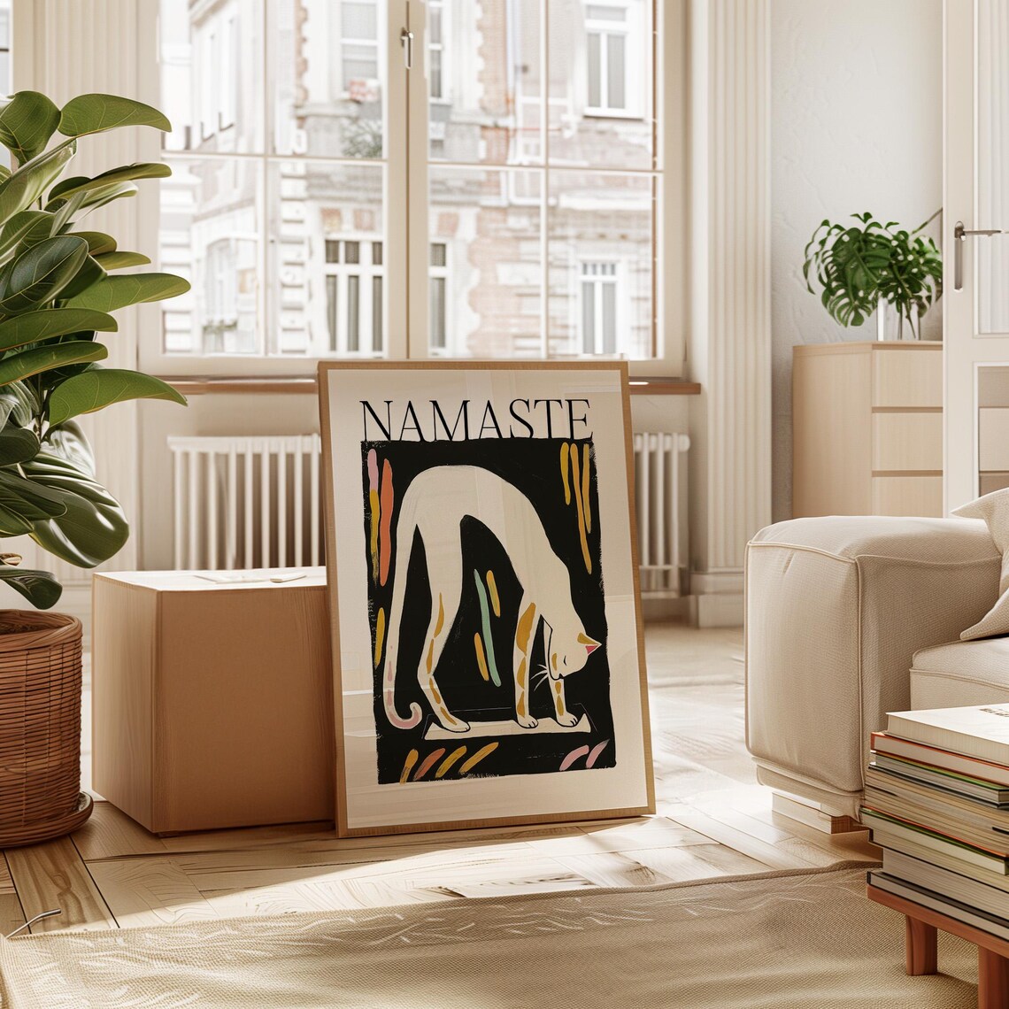 Namaste Stretching White Cat Yoga Pose Matisse Style Colorful Art Poster - Image 2