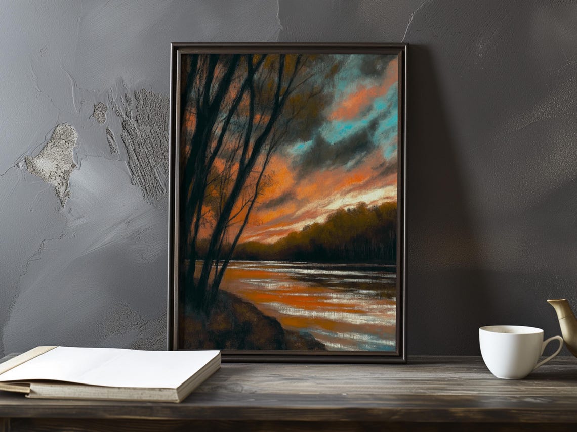 Blazing Orange Sunset Through Bare Trees Over Still Water Poster