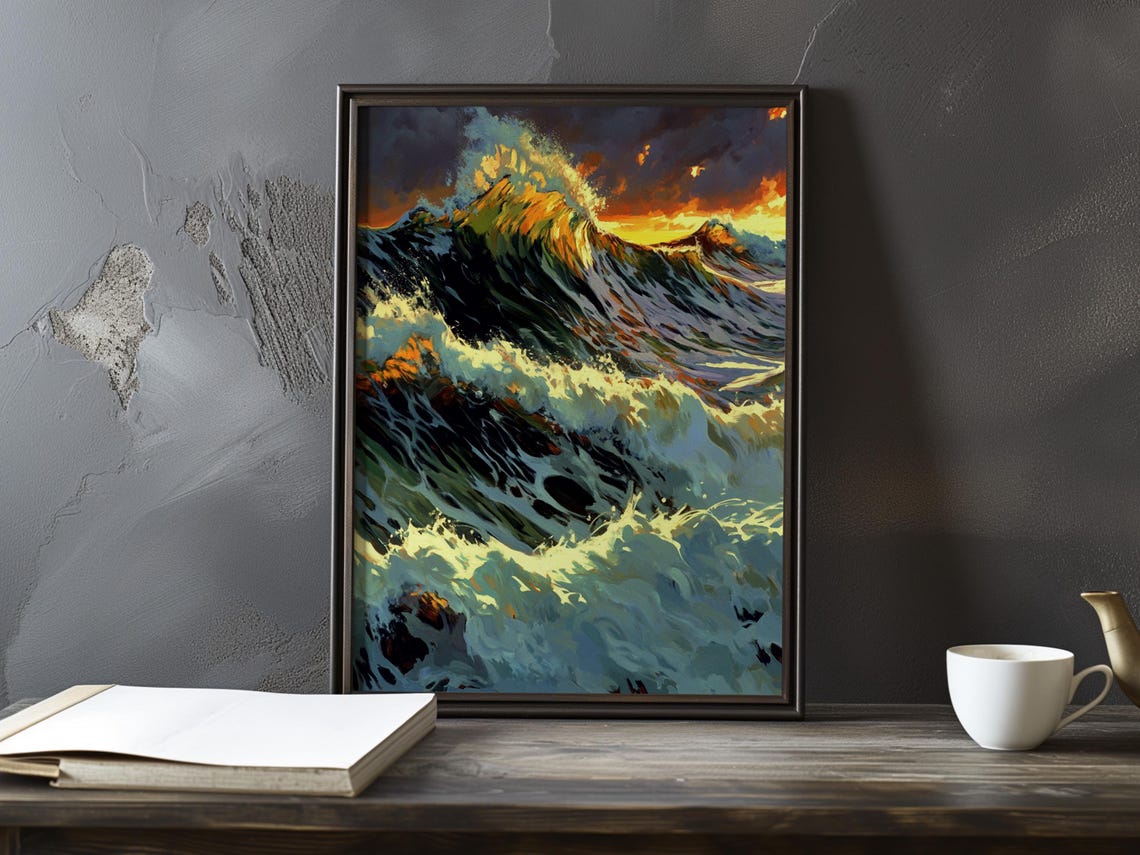 Golden Sunset Wave Crashing Against Dark Rocks Impressionist Poster
