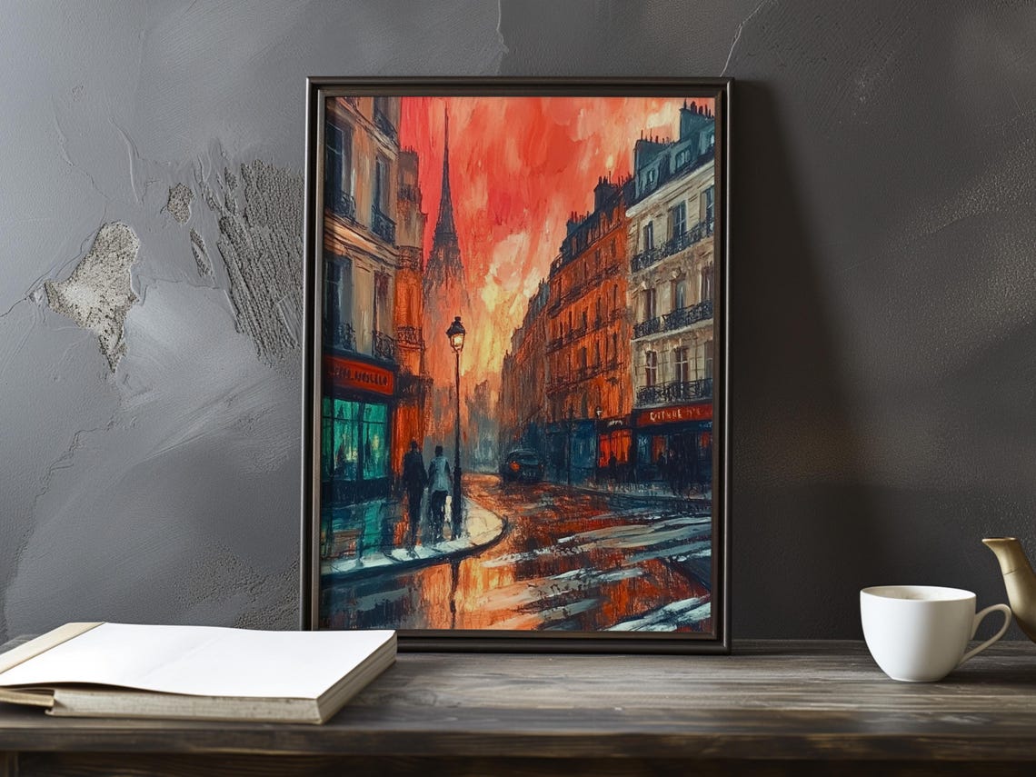 Rainy Parisian Night Street Glowing Under a Crimson Sky Poster