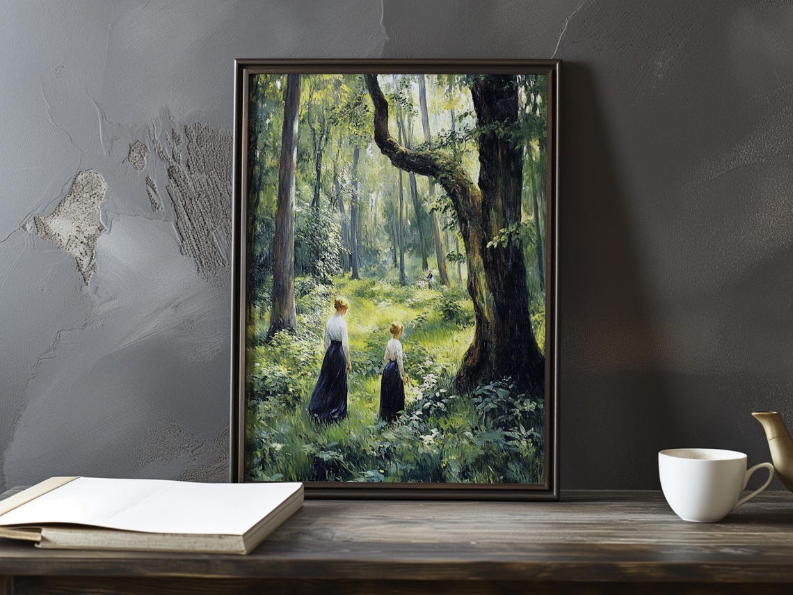 Two Women Walking Away Together Into A Sunlit Forest Path Poster