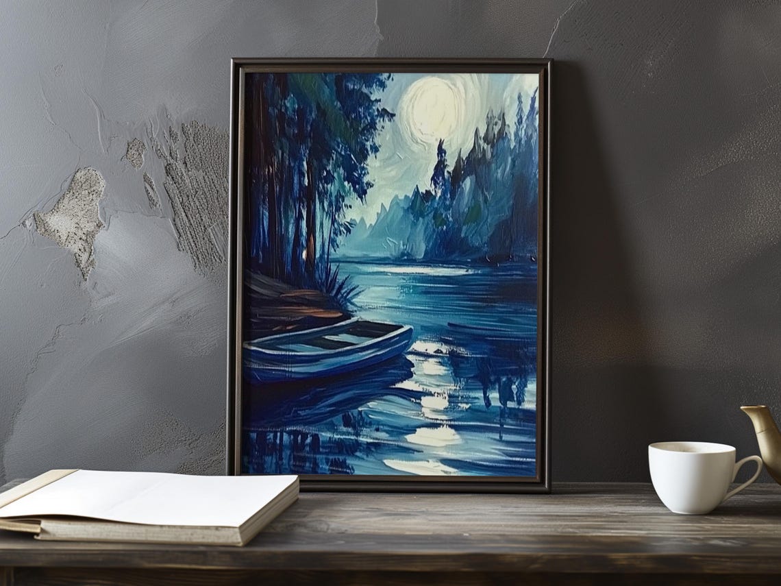 Empty Blue Rowboat on a Moonlit Lake Beneath Cliffs Night Poster