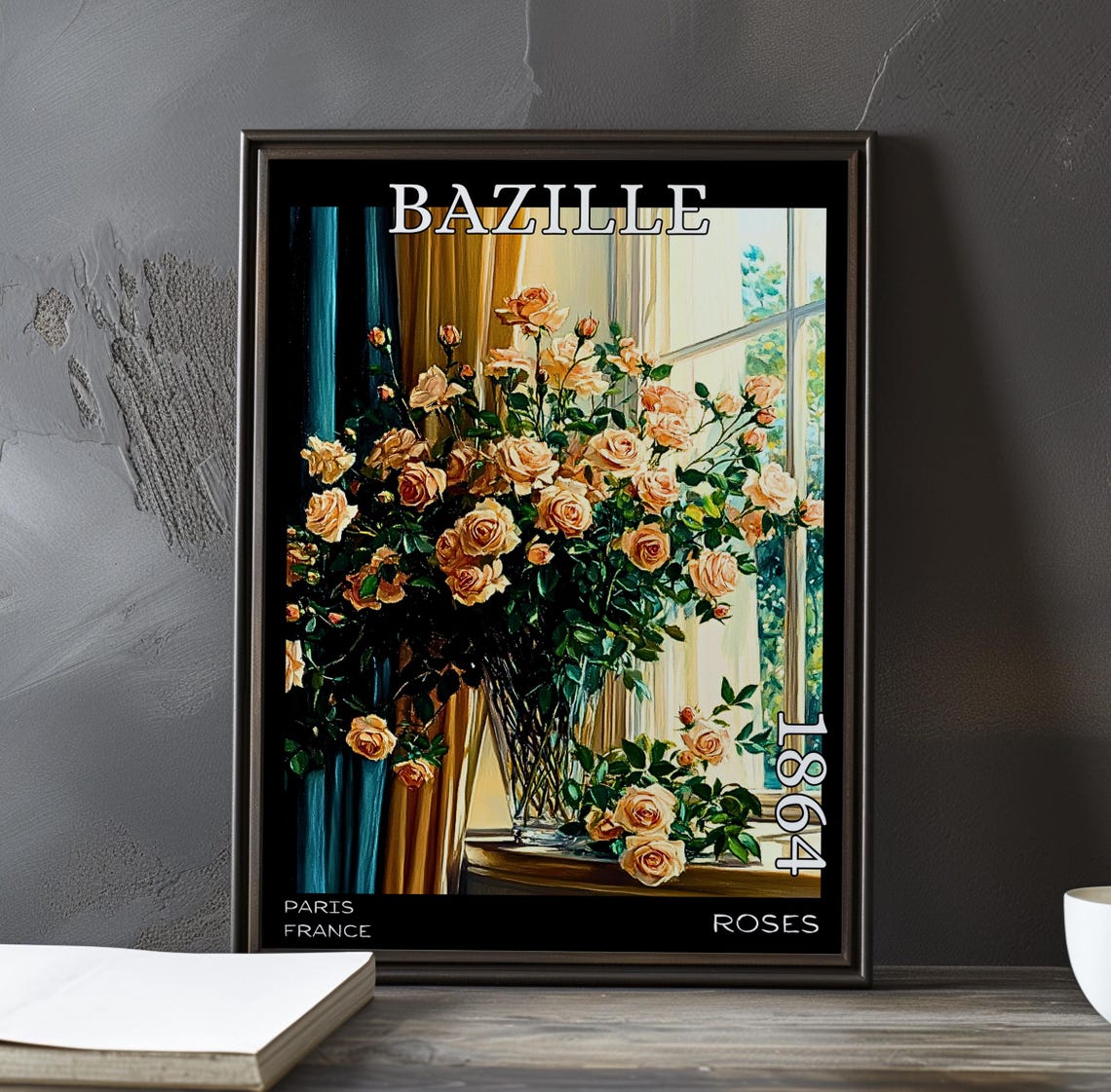 Bazille Roses 1864 Pale Peach Roses in Vase by Window Light Poster