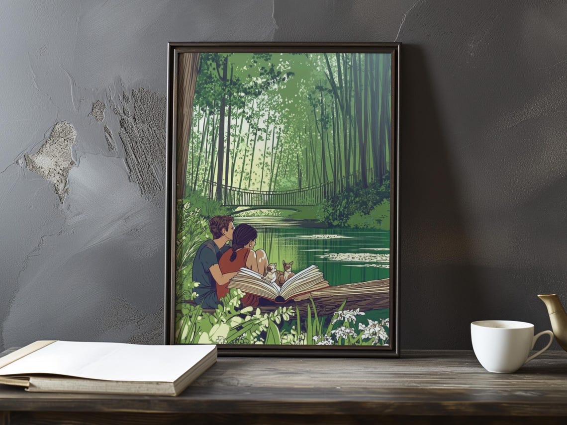 Couple Reading a Giant Book by the River with Cat Art Poster