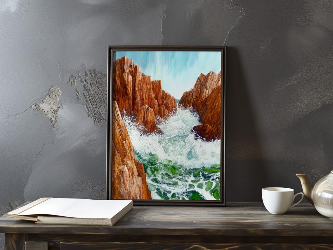 White Water Bursting Between Tall Towering Red Sea Cliffs Poster