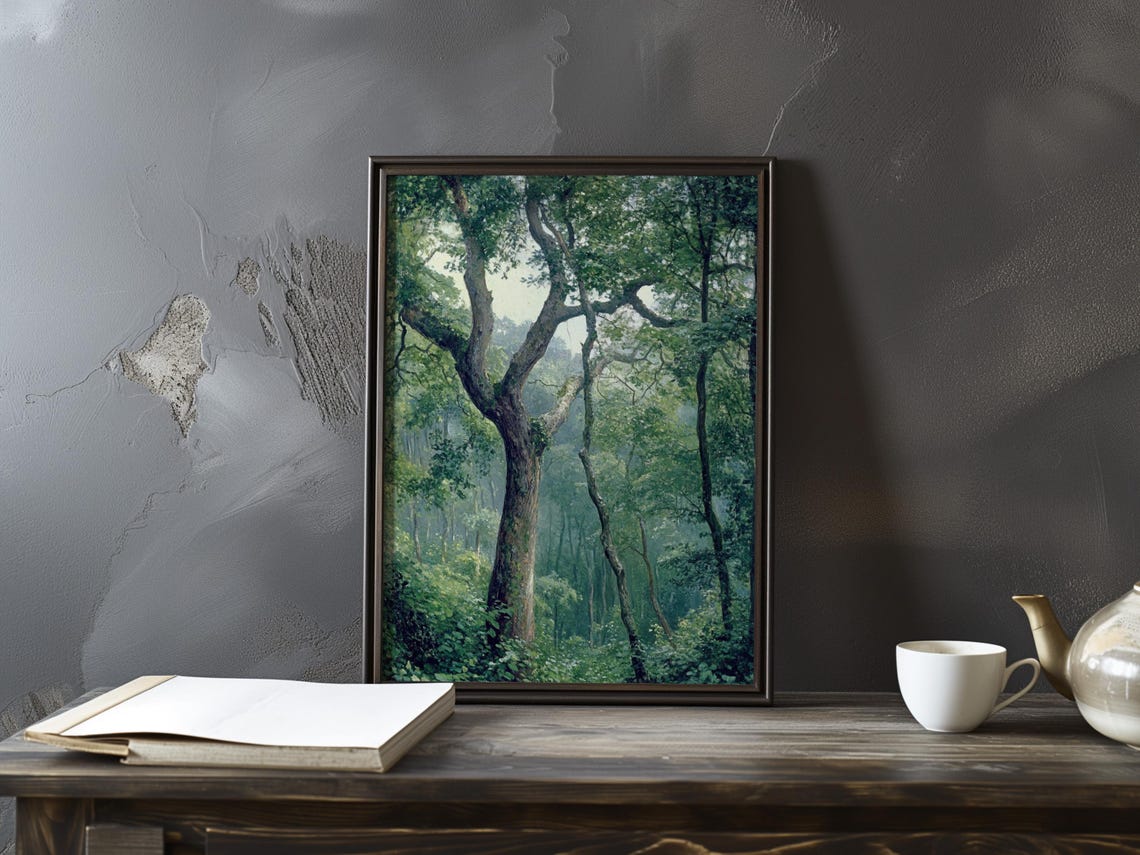 Corot-Inspired Ancient Oak Tree in a Lush Green Forest Poster