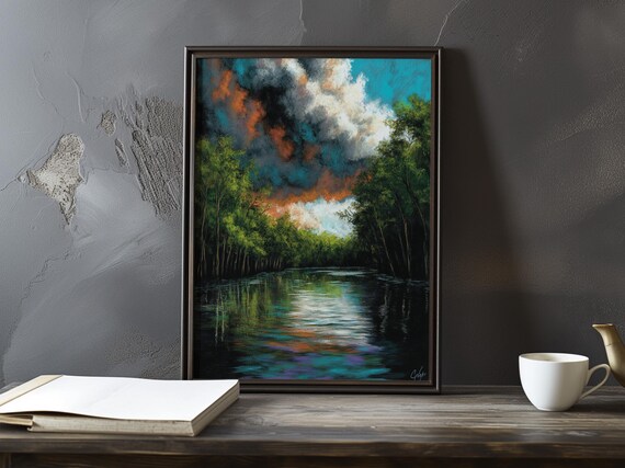 Turquoise and Ember Sunset Clouds Over a Dark River Impressionist Poster
