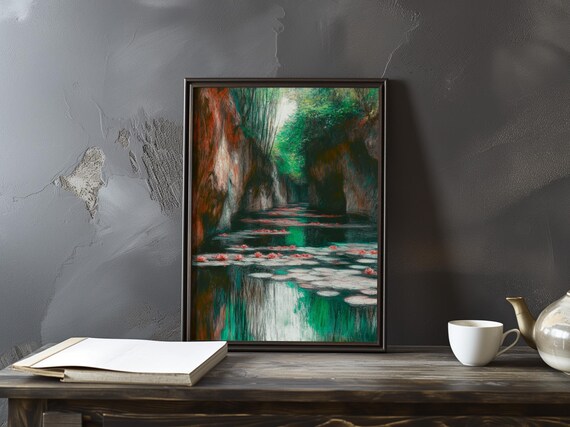 Rocky Gorge Pond Red Water Lilies Mirror Reflection Moody Landscape Poster