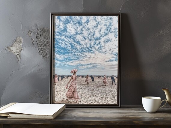 Vintage Dresses Crowding a Beach Under a Vast Cloudy Sky Poster