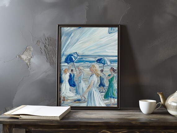 Boudin Inspired Beach Scene with Women and Blue Parasols Poster