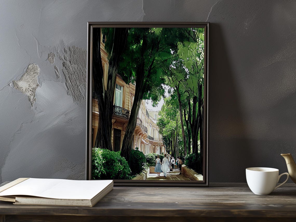 Couple Strolling a Tree Lined Avenue Past Elegant Townhouses Poster