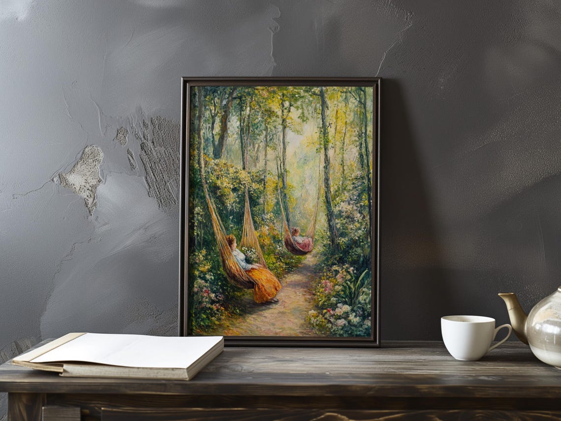 Two Hammocks Swaying in a Flower Filled Garden Retreat Art Poster