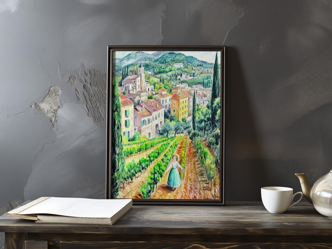 Woman Walking Through Vineyards of a Sunlit Italian Village Poster