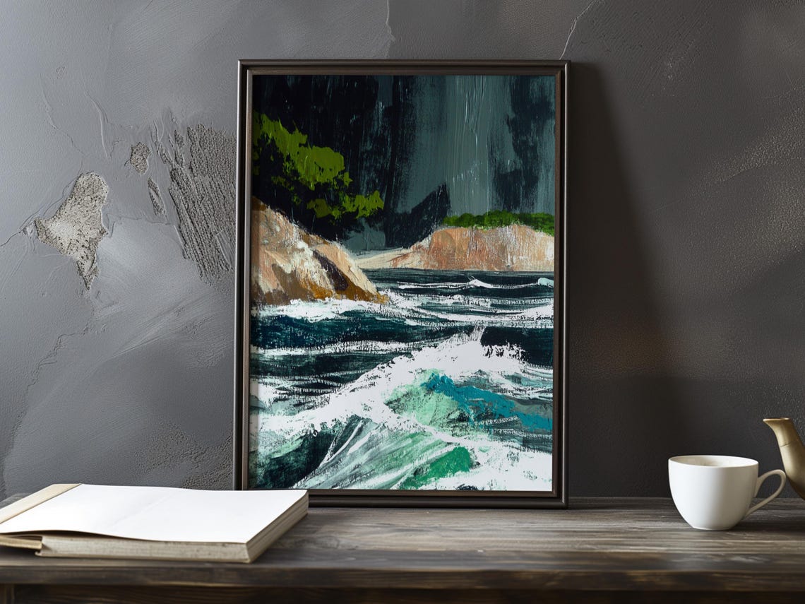 Stormy Ocean Waves Breaking Against Rocky Coastal Cliffs Poster