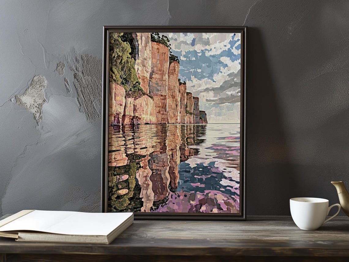 Tall Pink Cliffs Reflected Under a Sky of Broken Clouds Art Poster