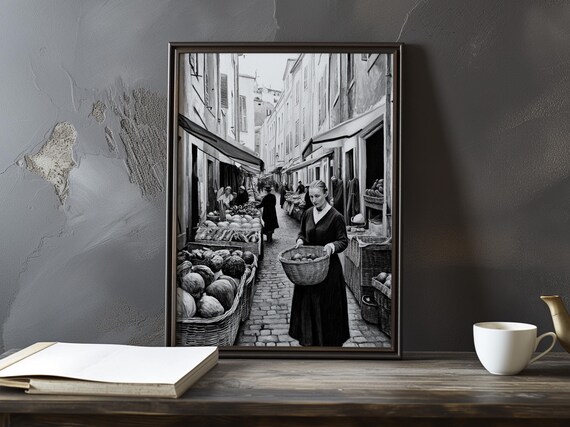 Black and White Market Alley Woman with Basket Vintage Poster