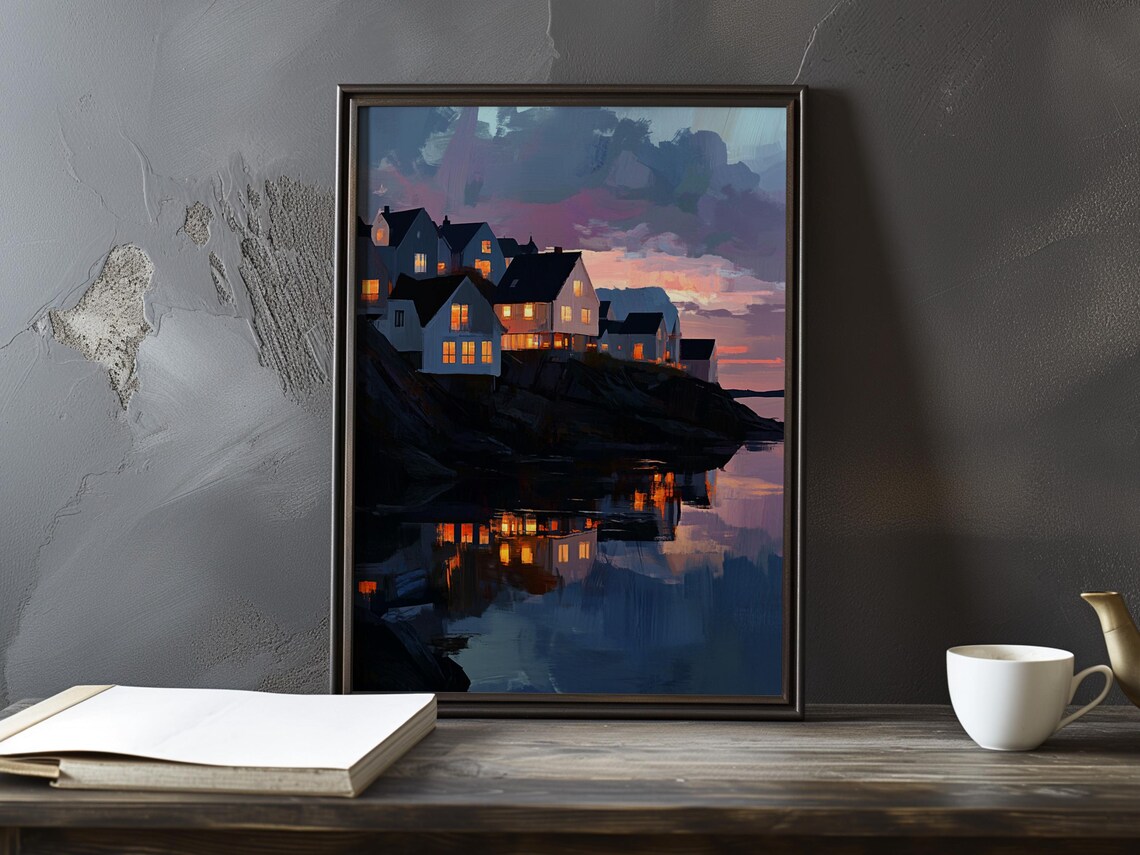Nighttime Fishing Village With Glowing Windows On Dark Water Poster