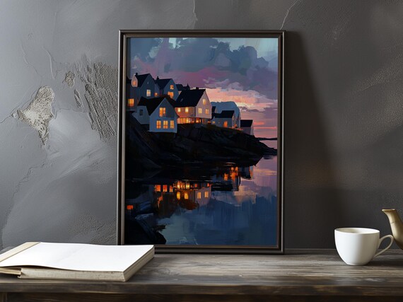 Nighttime Fishing Village With Glowing Windows On Dark Water Poster