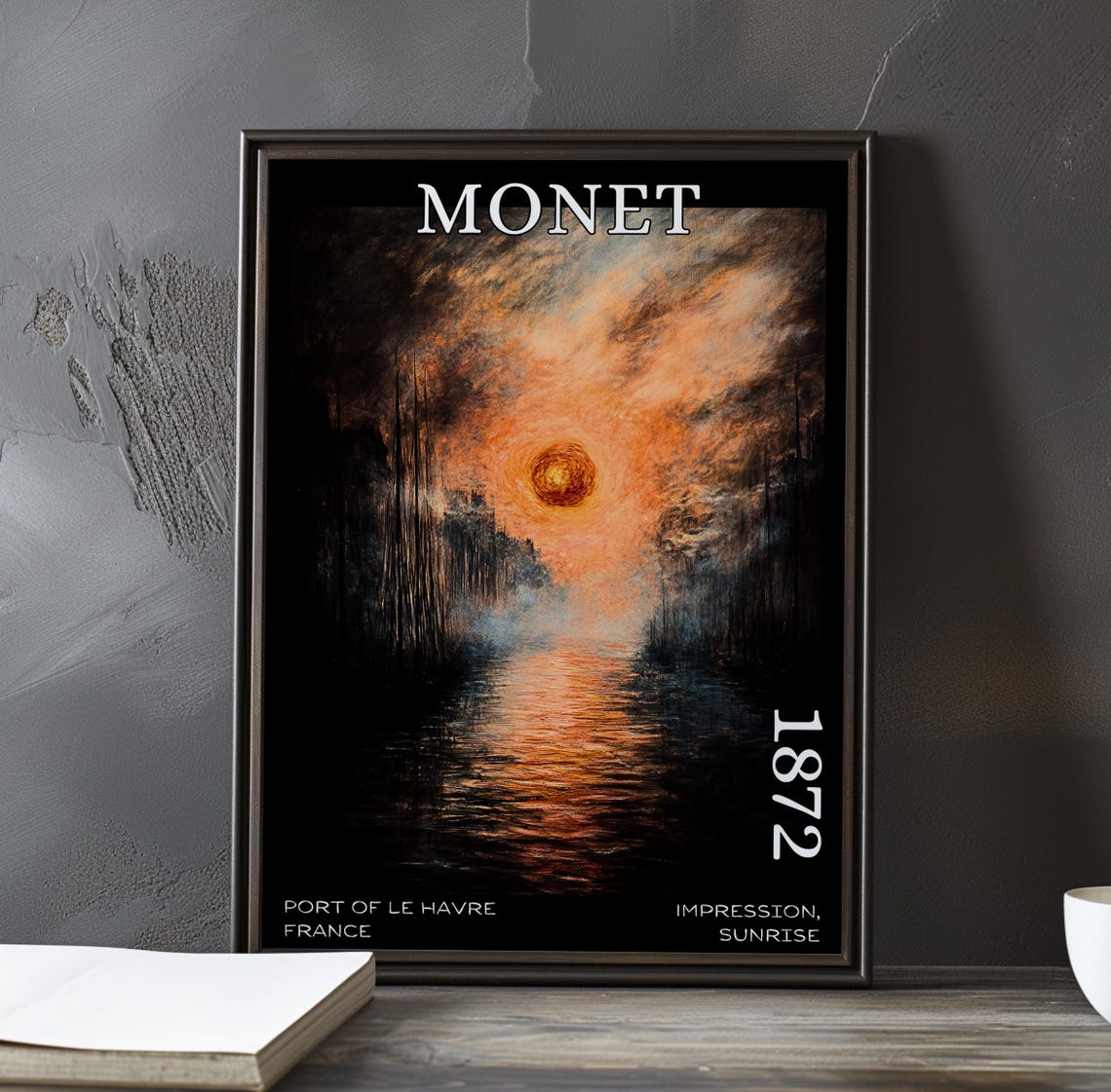 Monet 1872 Fiery Red Sun in Dark Swirling Clouds Over River Poster