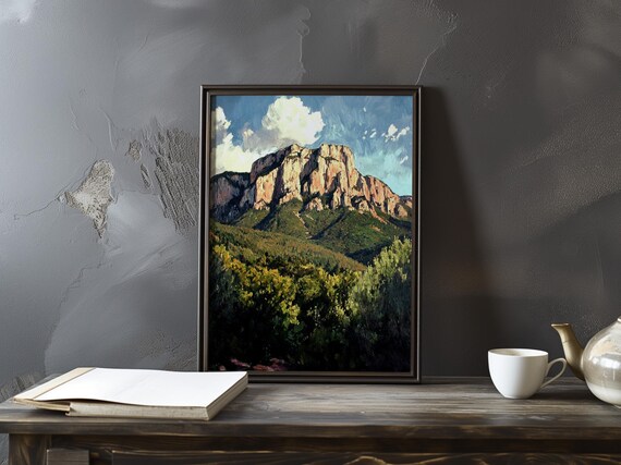 Cezanne-Inspired Rocky Mesa Above a Dark Shadowy Forest Poster