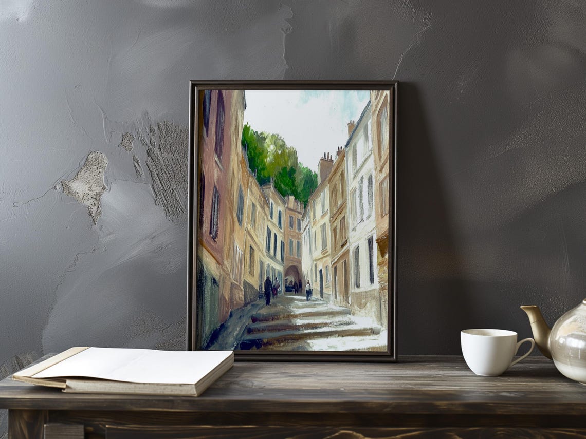 Steep Sunlit Alley Between Pastel Houses Impressionist Poster