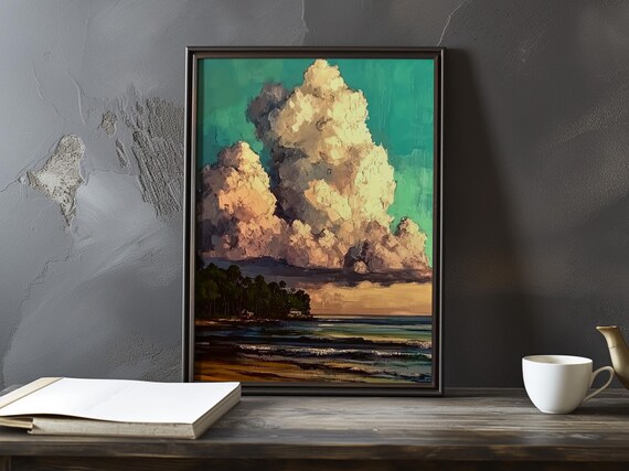 Towering Cumulus Clouds Over a Dusk Shoreline Impressionist Poster