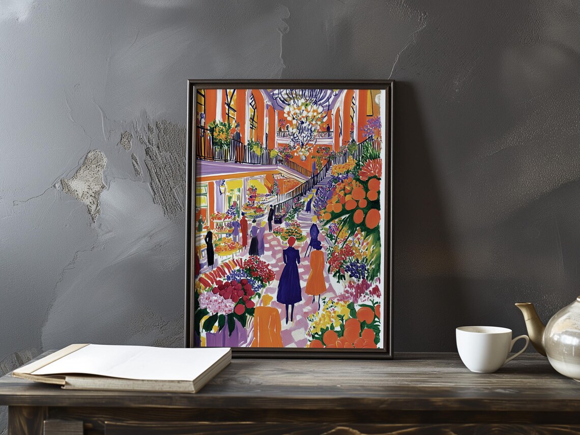 Grand Flower Market Hall with Chandeliers Fauvist Art Poster