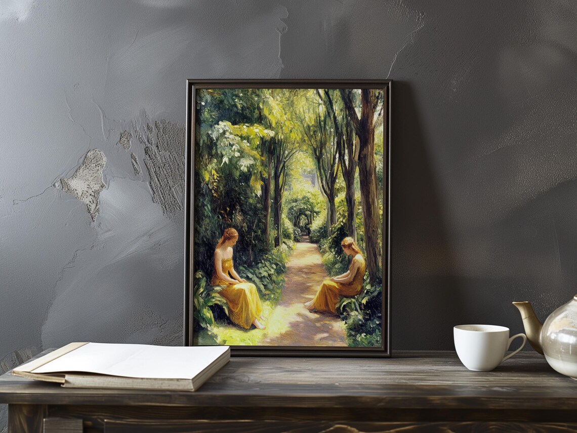 Two Women in Yellow Dresses in a Leafy Garden Avenue Art Poster
