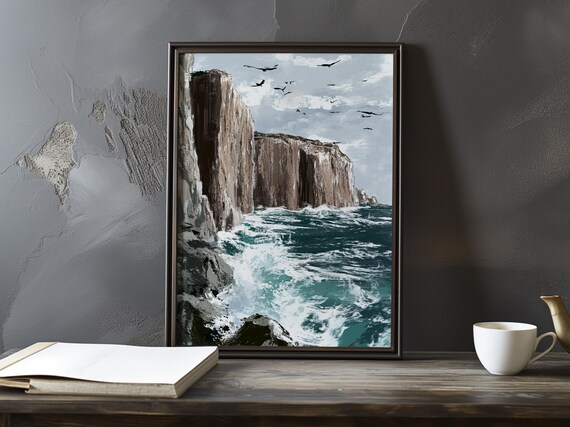 Rocky Sea Cliffs With Soaring Seabirds Above Churning Waves Poster