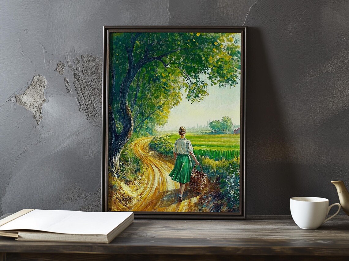 Woman With Basket Walking a Golden Country Path Painting Poster