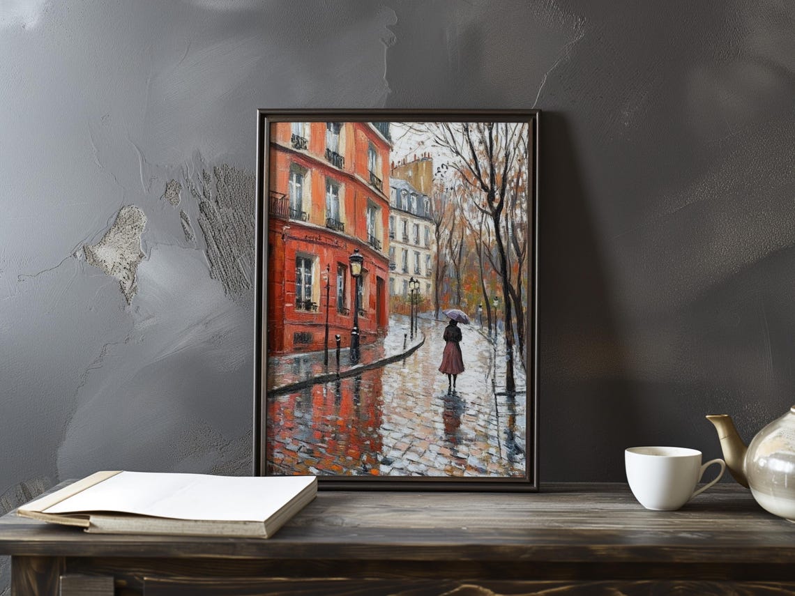 Woman With Umbrella Before Red Building on Rainy Paris Lane Poster