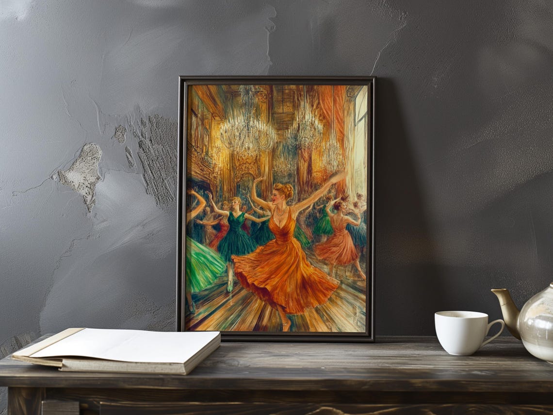 Joyful Dancer in Orange Gown Beneath Crystal Chandeliers Poster