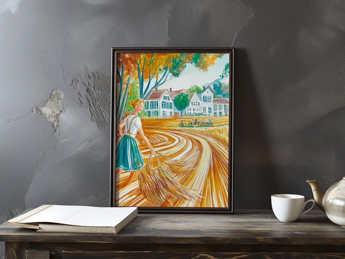 Woman Gathering Wheat in a Golden Field by a Village Art Poster