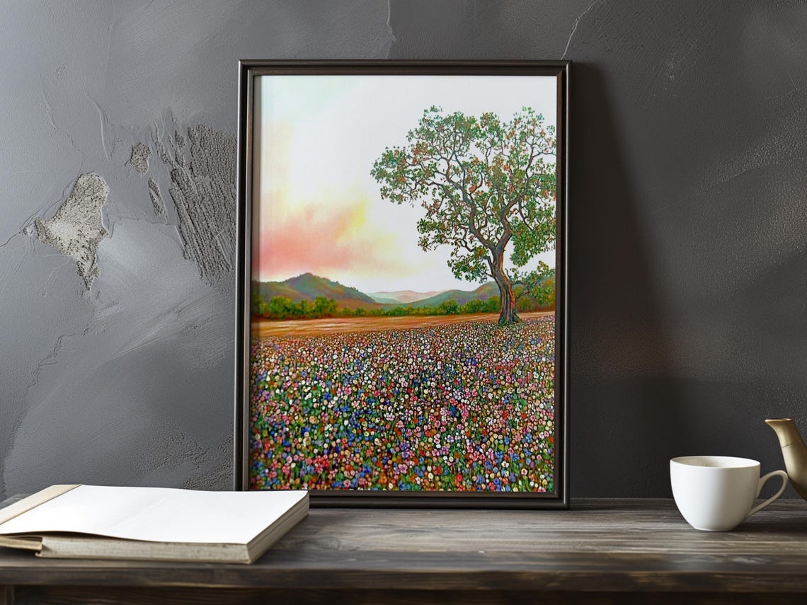 Lone Tree Over a Wildflower Carpet at Sunset in a Meadow Poster