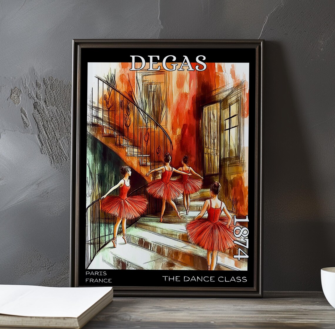 Degas 1874 Four Ballerinas in Red Tutus on Grand Spiral Staircase Poster