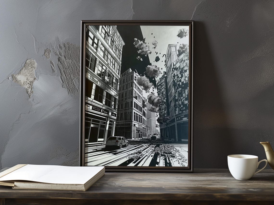 Black and White Downtown Street Scene with Pigeons City Poster